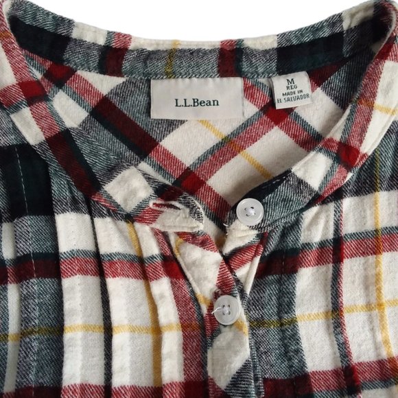 LL Bean 100% Cotton Flannel Nighgown Size Medium Plaid Reg Green Yellow Cream - Picture 7 of 8